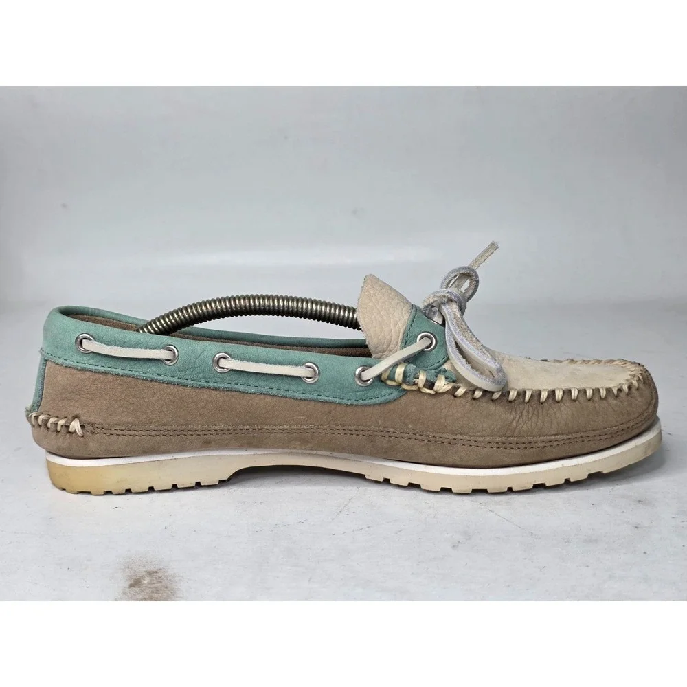 GH Bass Men's Boat Shoes Size 8.5 Brown Teal‎ Beige Suede Slip On Arch Loafers